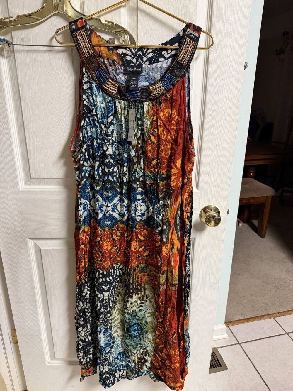Maggie Barnes Boho Dress Stretch Abstract 2/3 24w Beaded Neckline Shift 54w 48L